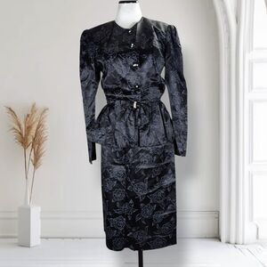 Vintage 80s Peplum Satin Midi Skirt Set Size 6 Black Floral Rose Print Goth